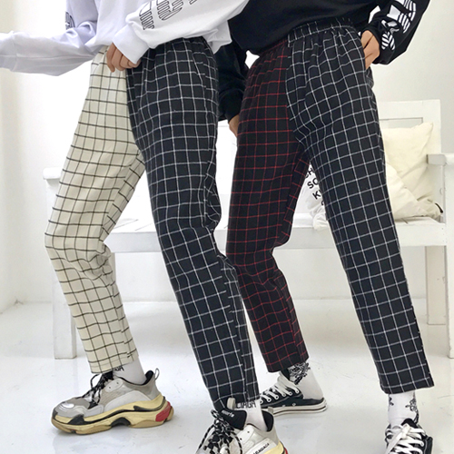 테르니 반반 체크 밴딩 팬츠